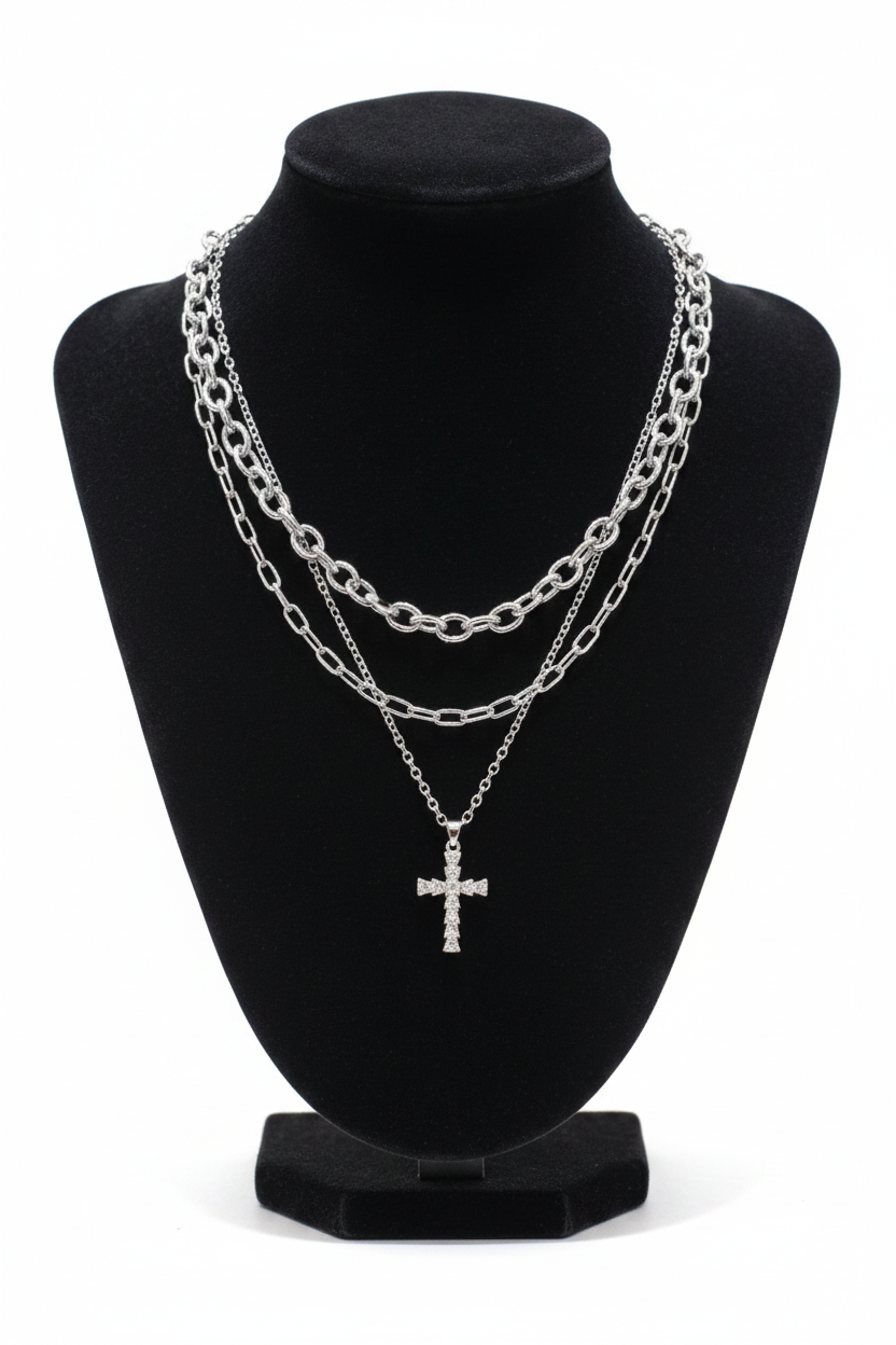 Layered Necklace Silver Cross Pendant – Elegant Statement Piece