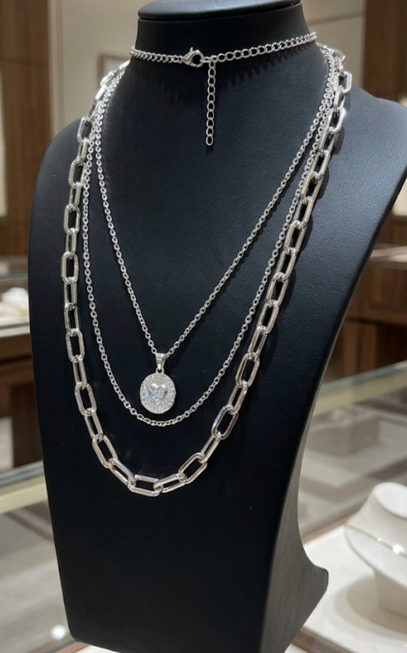 Silver Layered Heart Pendant Necklace Elegant Multi-Chain Statement Necklace
