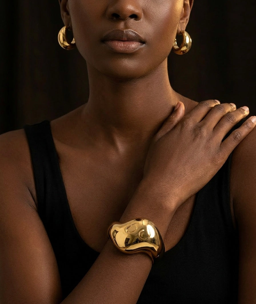 Sculptural Gold-Tone Cuff and Chunky Earring & Bangle Set.