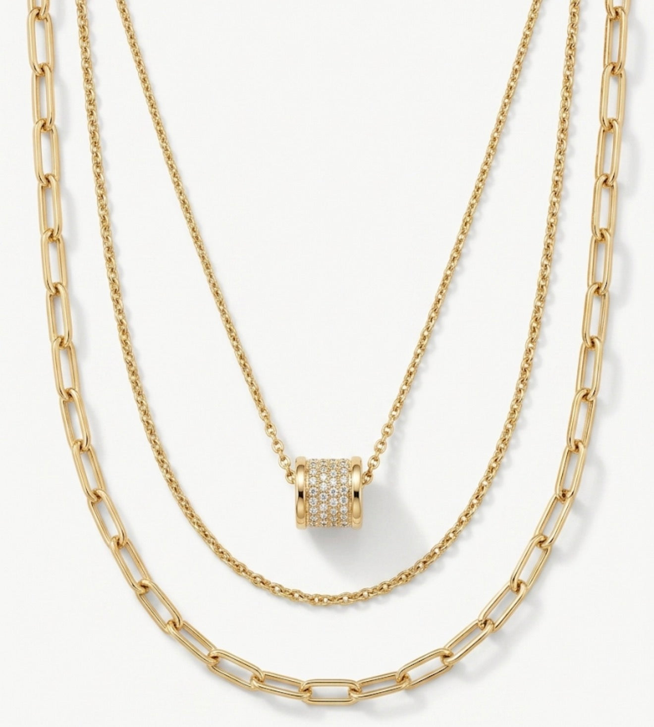 Layered Gold Chain Necklace with Crystal Barrel Pendant