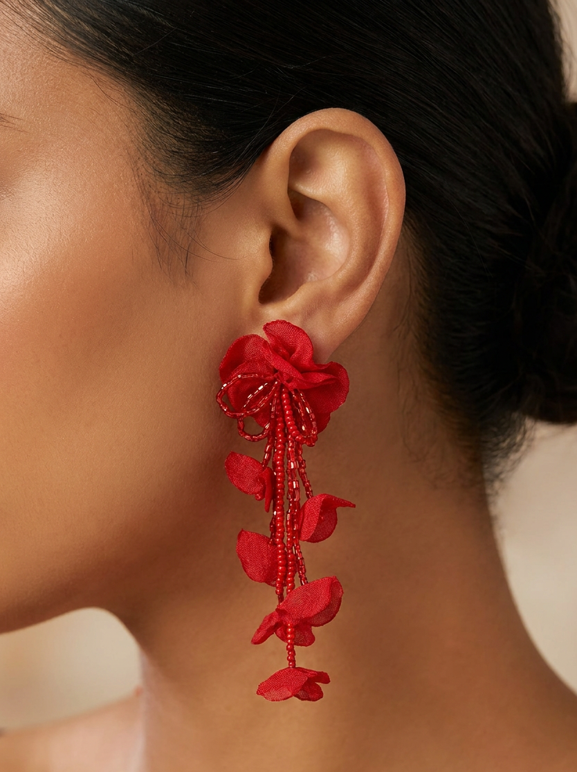Bold Red Floral Beaded Drop Earrings Handcrafted Statement Piece