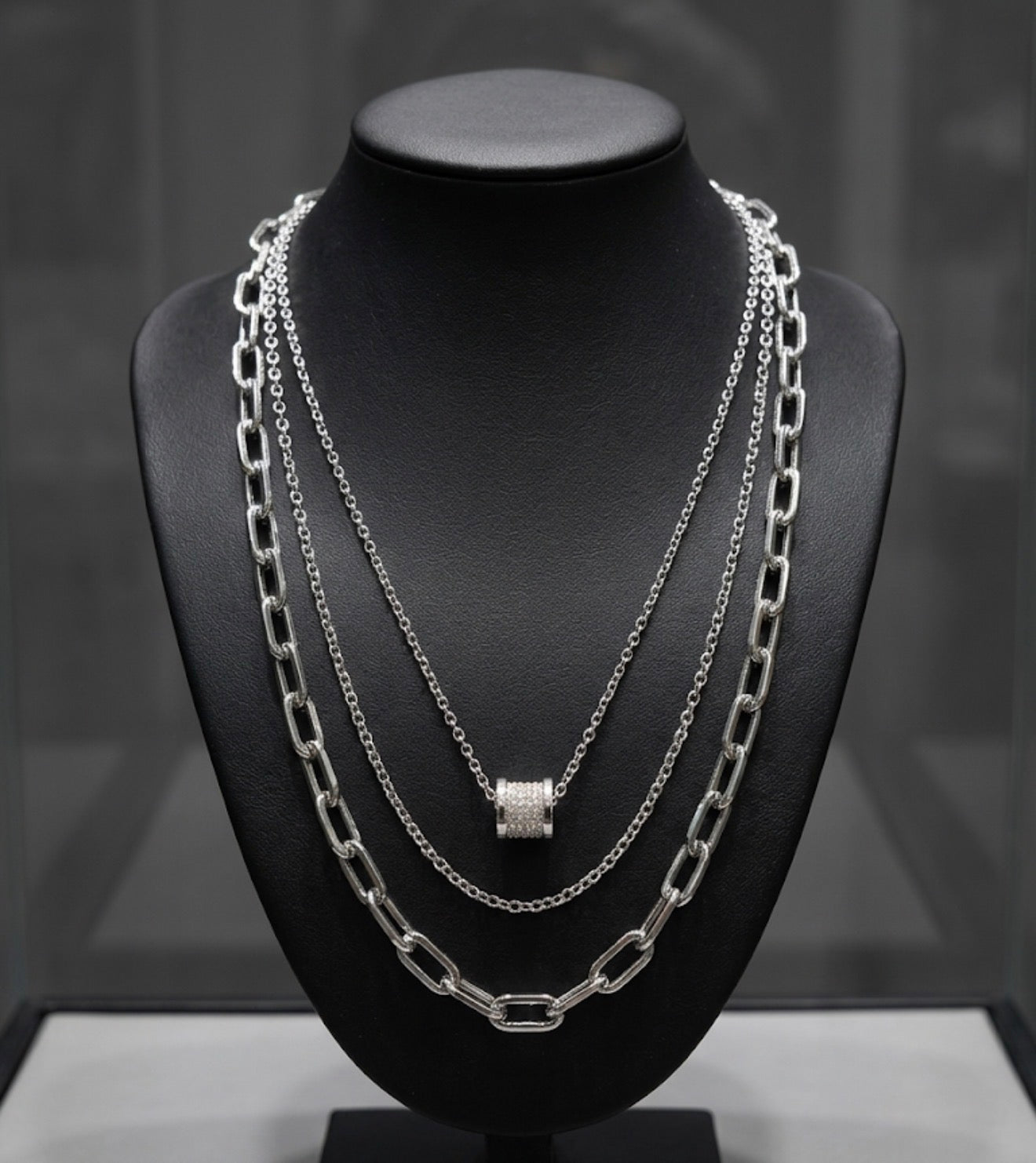 Layered Silver Chain Necklace with Crystal Barrel Pendant