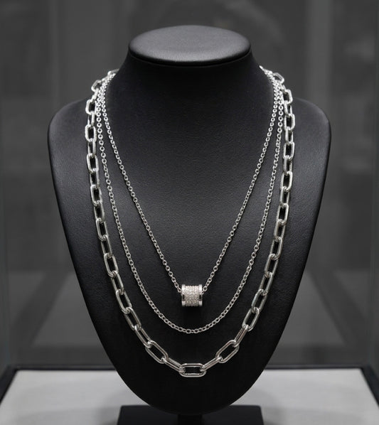 Layered Silver Chain Necklace with Crystal Barrel Pendant