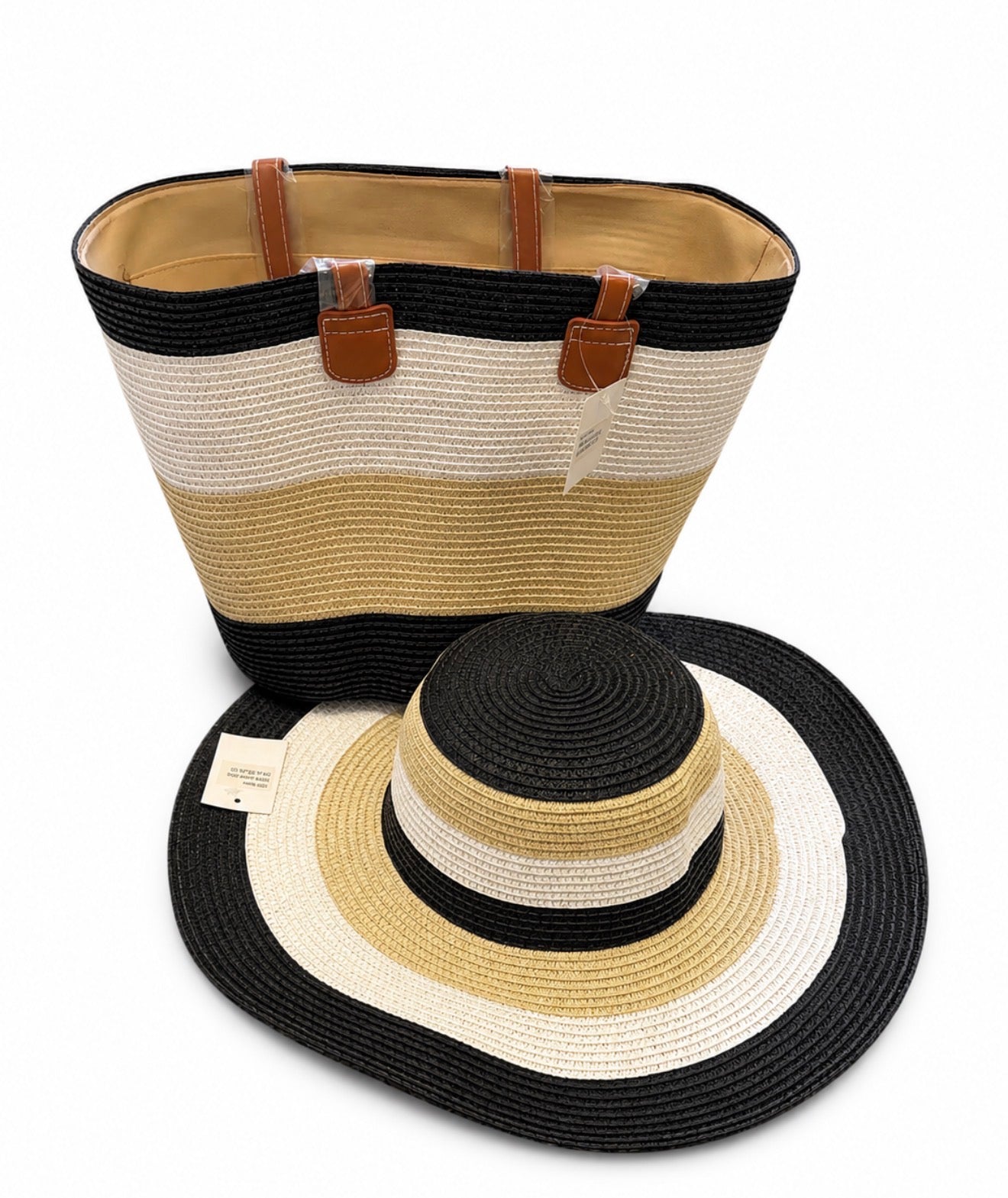Chic Striped Beach Tote & Sun Hat Combo
