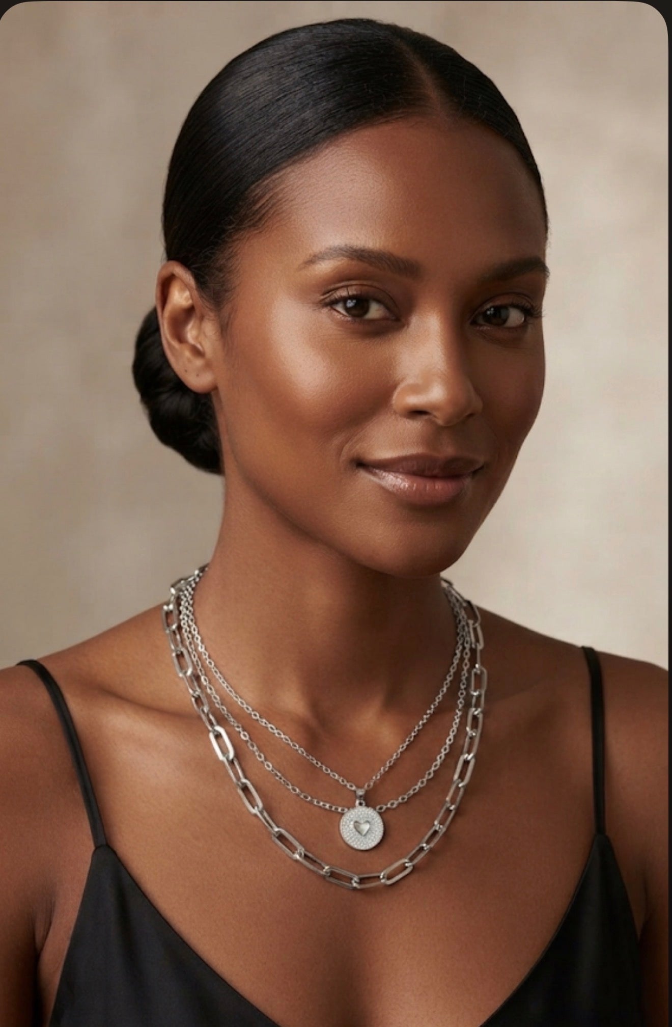 Silver Layered Heart Pendant Necklace Elegant Multi-Chain Statement Necklace