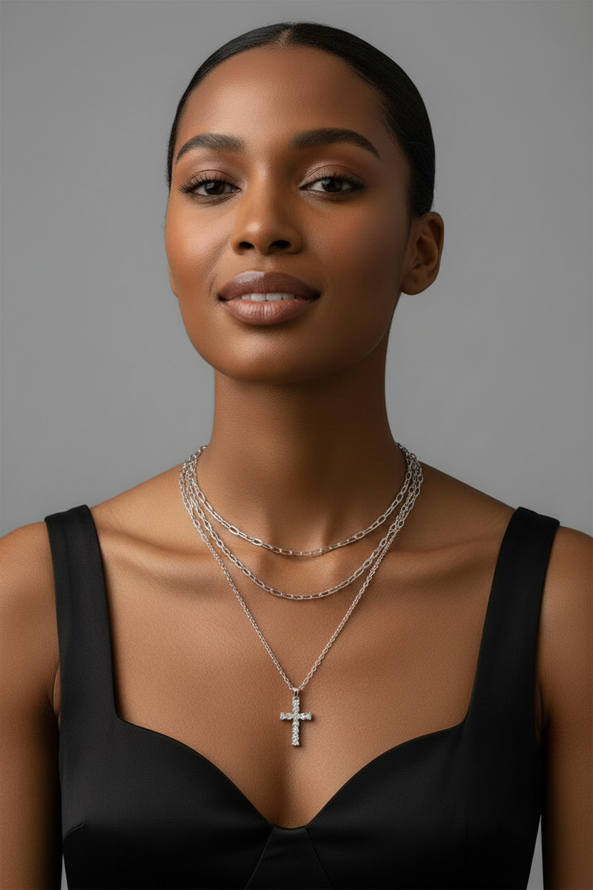 Layered Necklace Silver Cross Pendant – Elegant Statement Piece