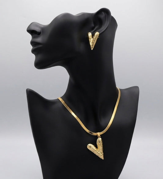 Gold-Tone Textured V Pendant Necklace and Earring Set