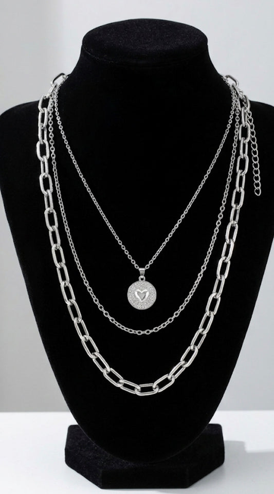 Silver Layered Heart Pendant Necklace Elegant Multi-Chain Statement Necklace