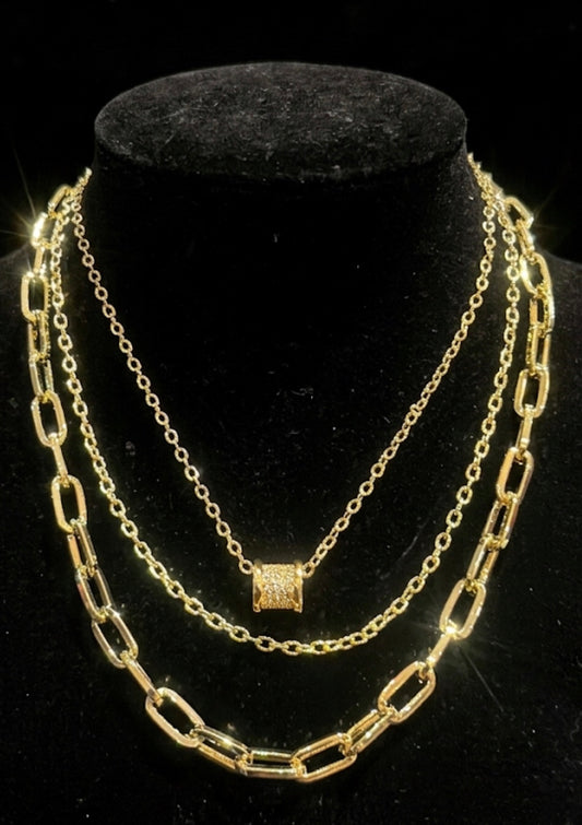 Layered Gold Chain Necklace with Crystal Barrel Pendant
