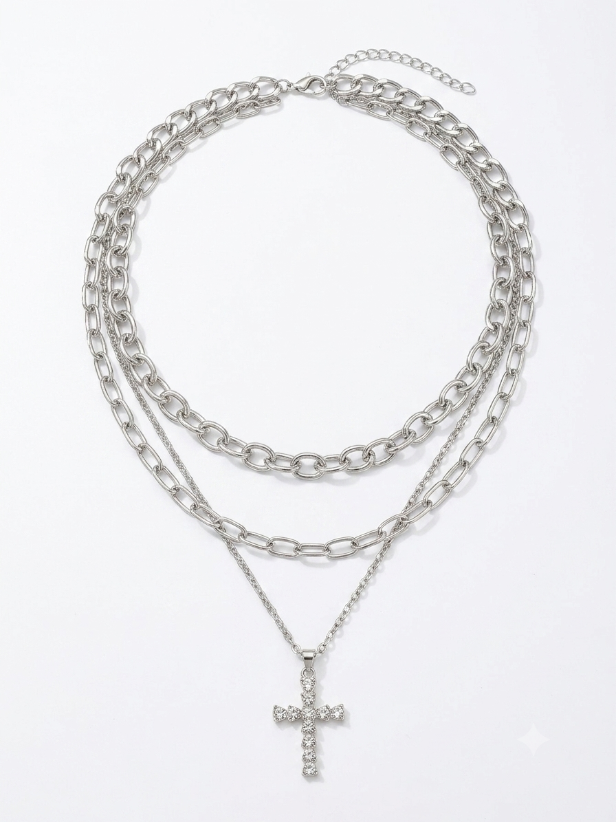 Layered Necklace Silver Cross Pendant – Elegant Statement Piece
