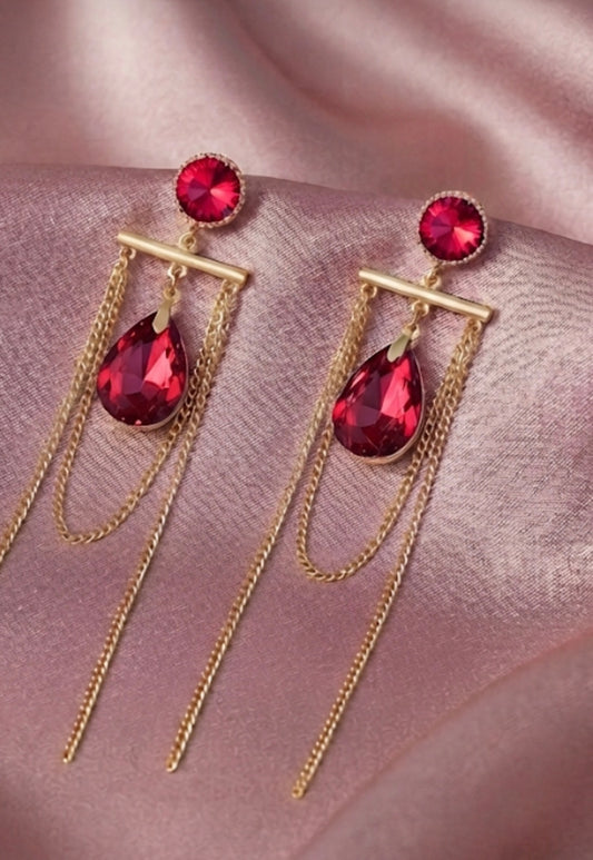 Radiant Crimson Tassel Drop Chain Earrings