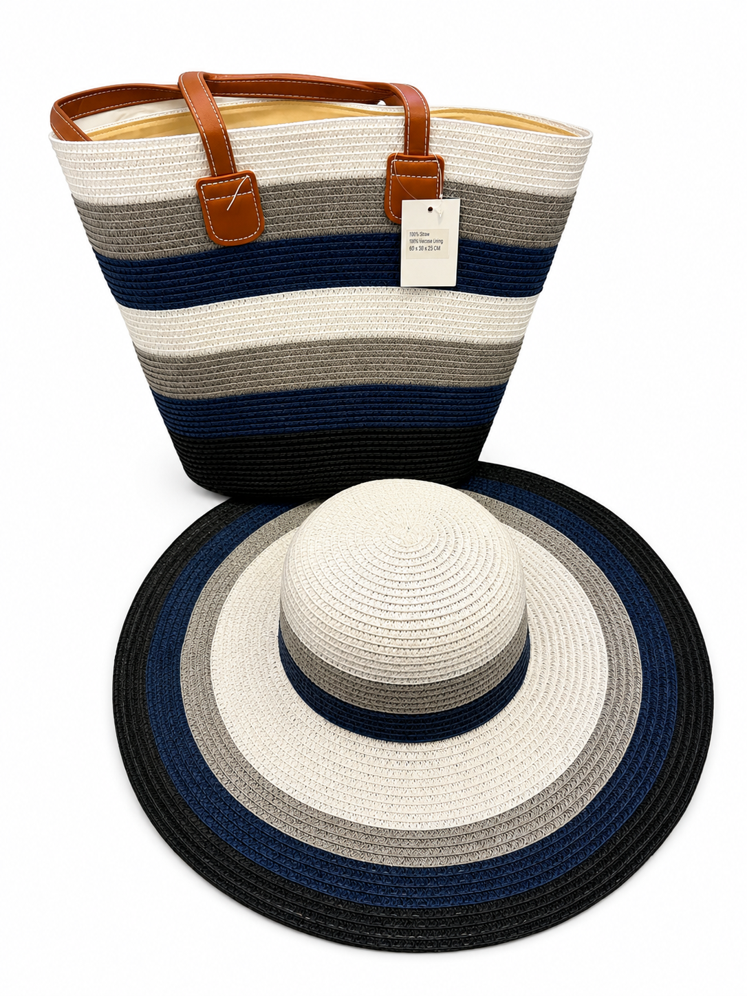 Chic Striped Beach Tote & Sun Hat Combo