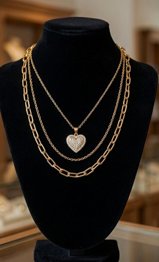 Layered Heart Pendant Necklace Elegant Multi-Chain Statement Necklace