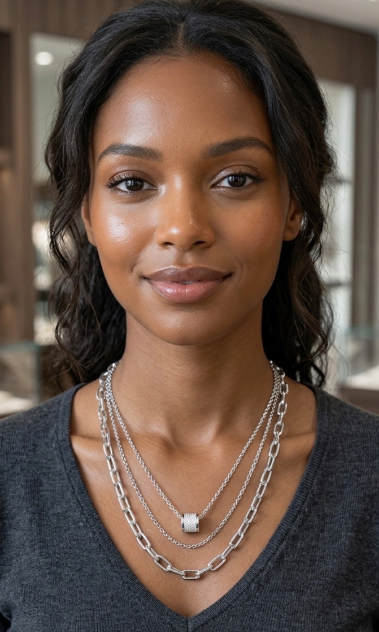 Layered Silver Chain Necklace with Crystal Barrel Pendant