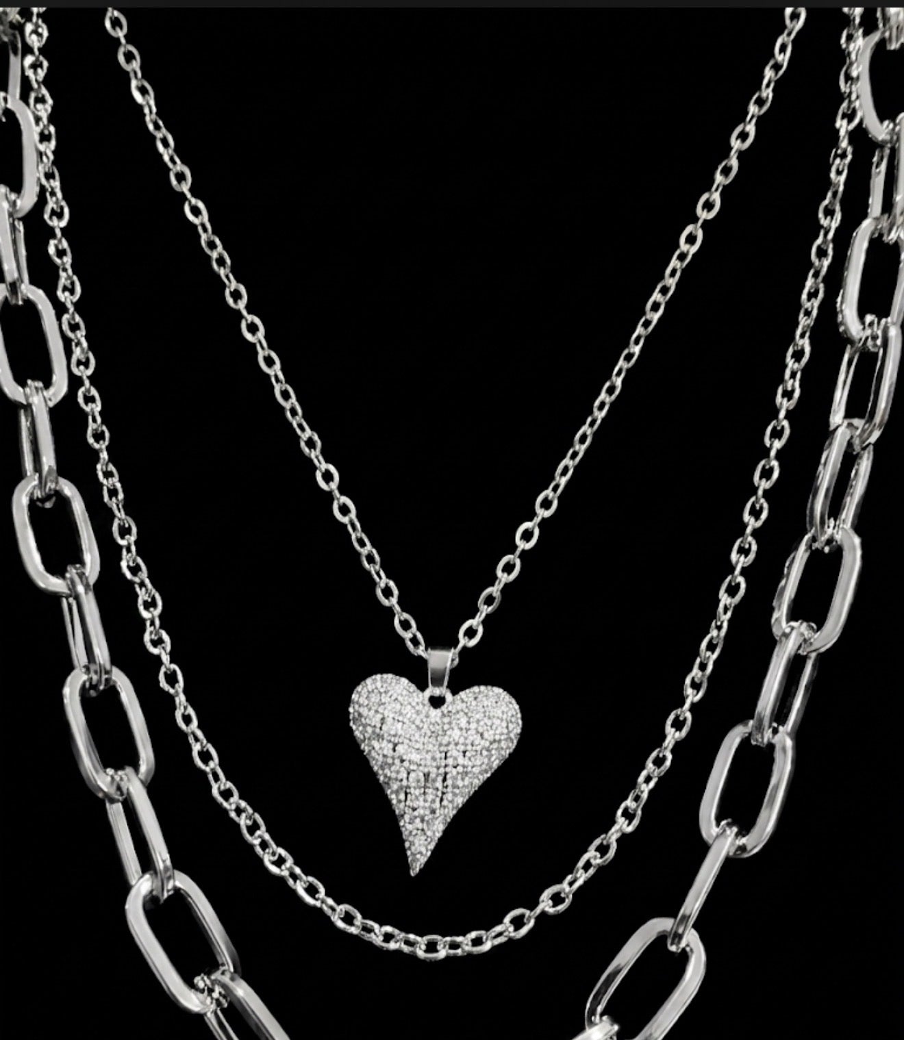 Silver Layered Heart Pendant Necklace – Elegant Multi-Chain Statement Necklace