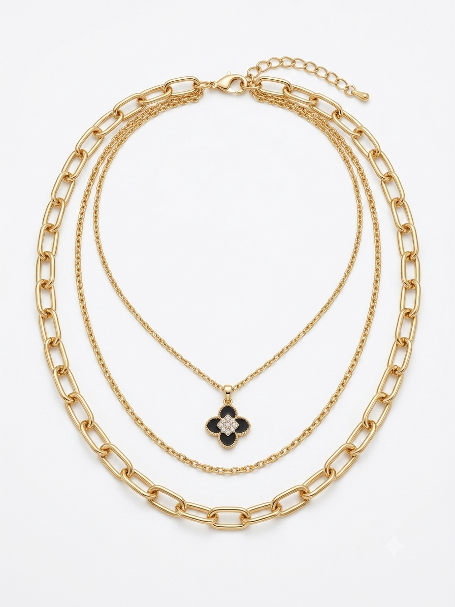 Black Clover Pendant & Chunky Layered Necklace