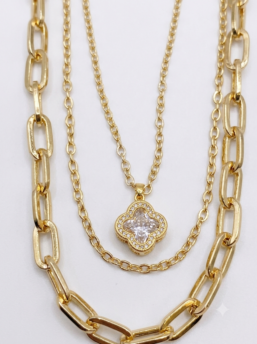Layered Gold Plated Necklace  – Elegant Clover Pendant  | Non-Tarnish