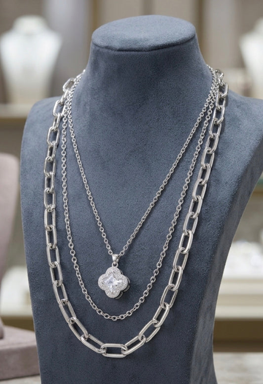 Layered Silver Tone Necklace – Elegant Crystals Filled Clover Pendant |Non-Tarnish