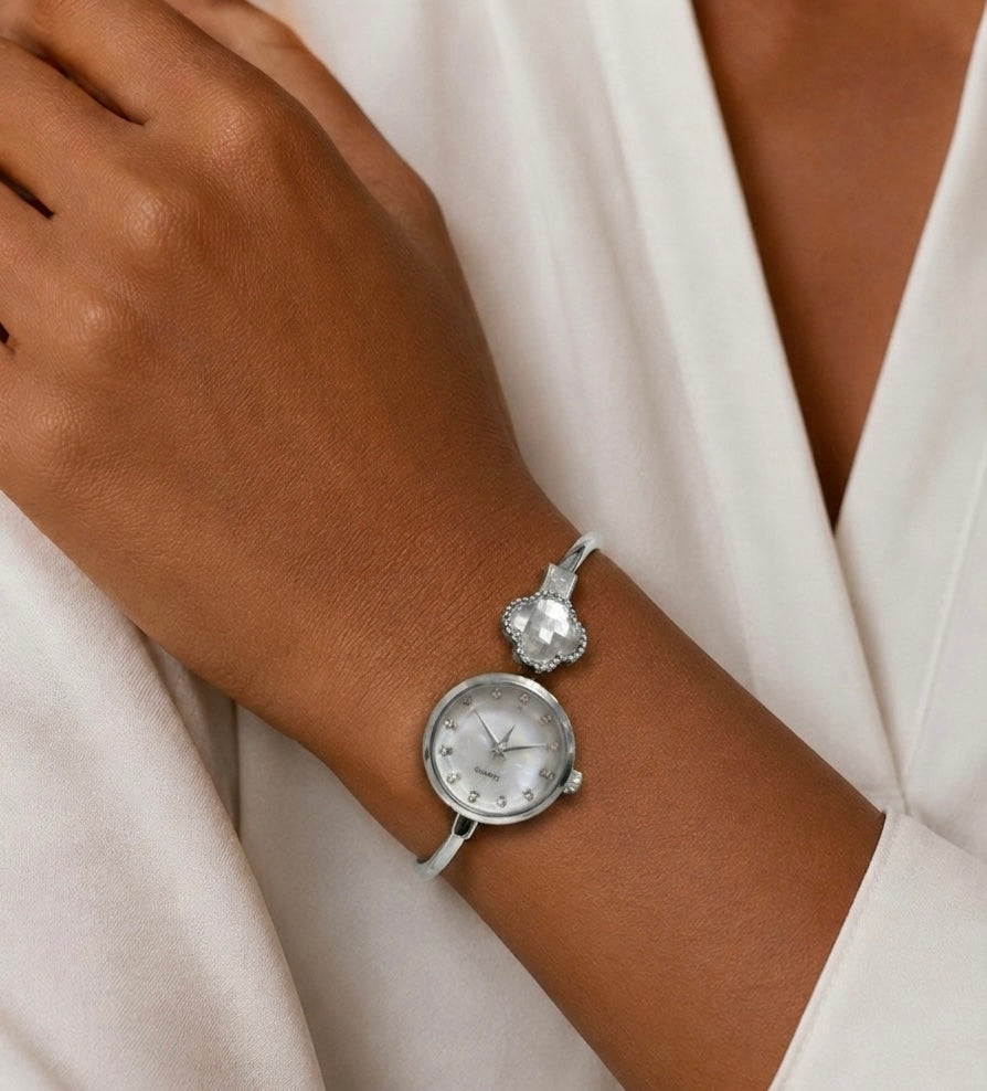Elegant Crystal Clover Petal Bangle Watch
