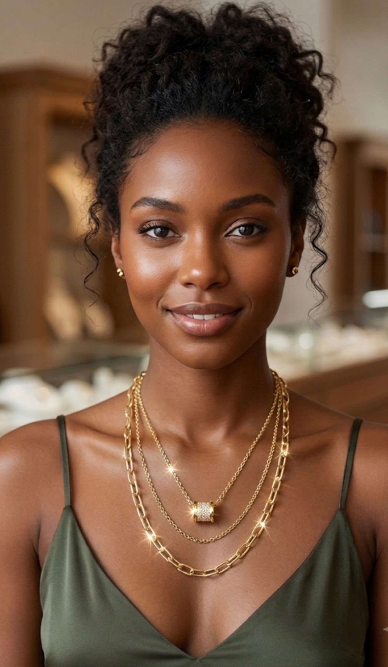 Layered Gold Chain Necklace with Crystal Barrel Pendant