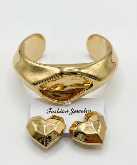 Statement Gold Cuff and Geometric Heart Stud Set