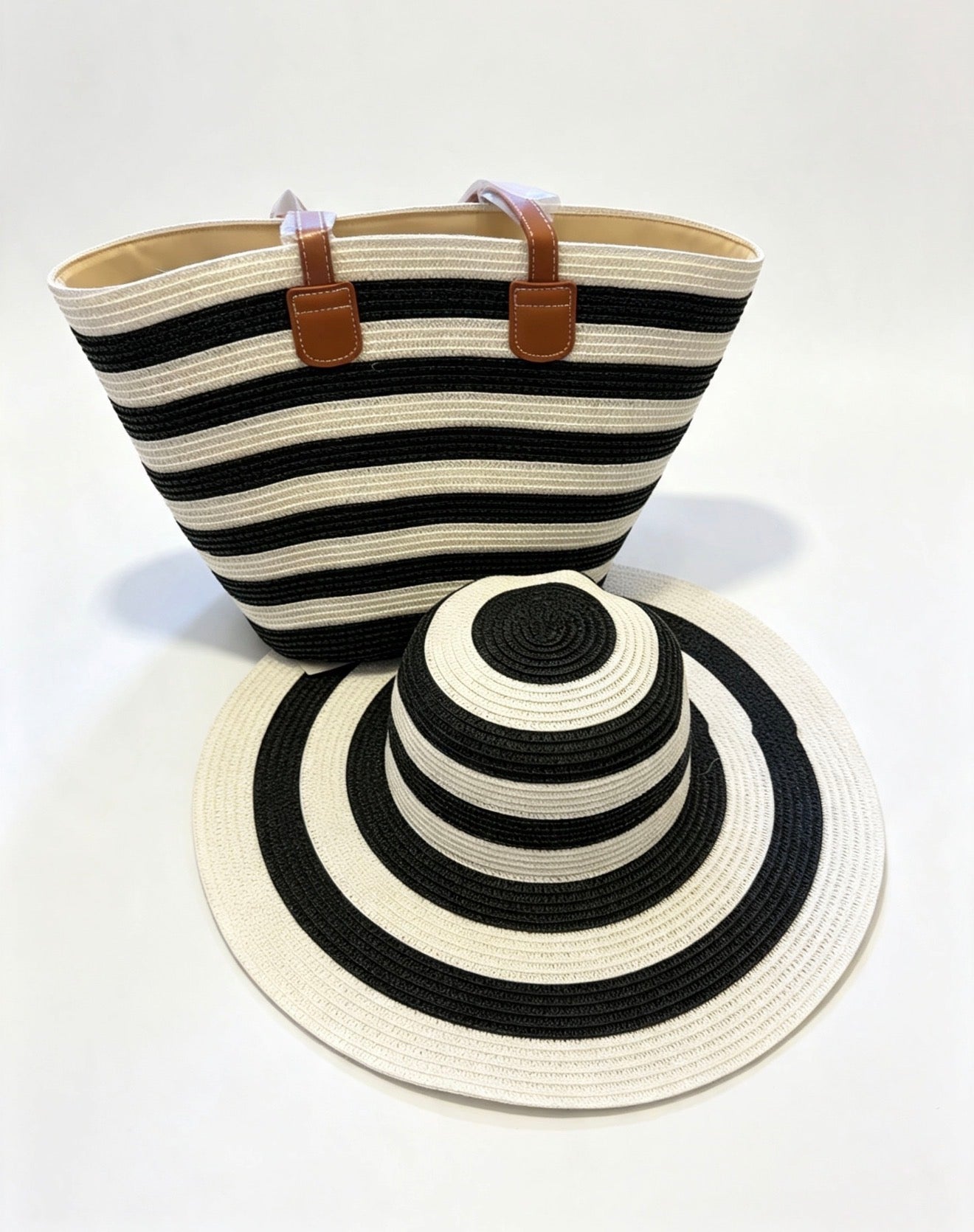 Chic Striped Beach Tote & Sun Hat Combo