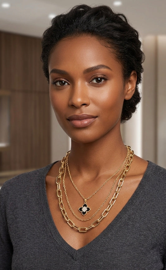 Black Clover Pendant & Chunky Layered Necklace