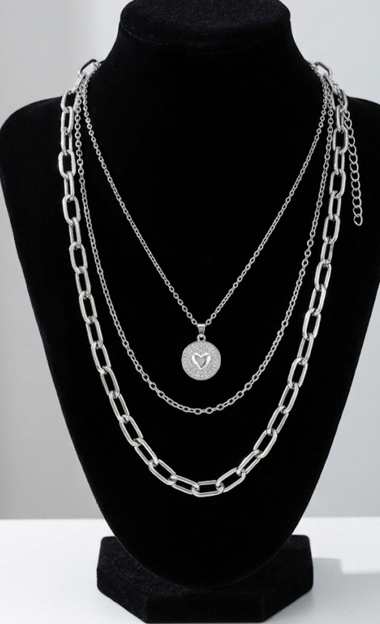 Silver Layered Heart Pendant Necklace Elegant Multi-Chain Statement Necklace