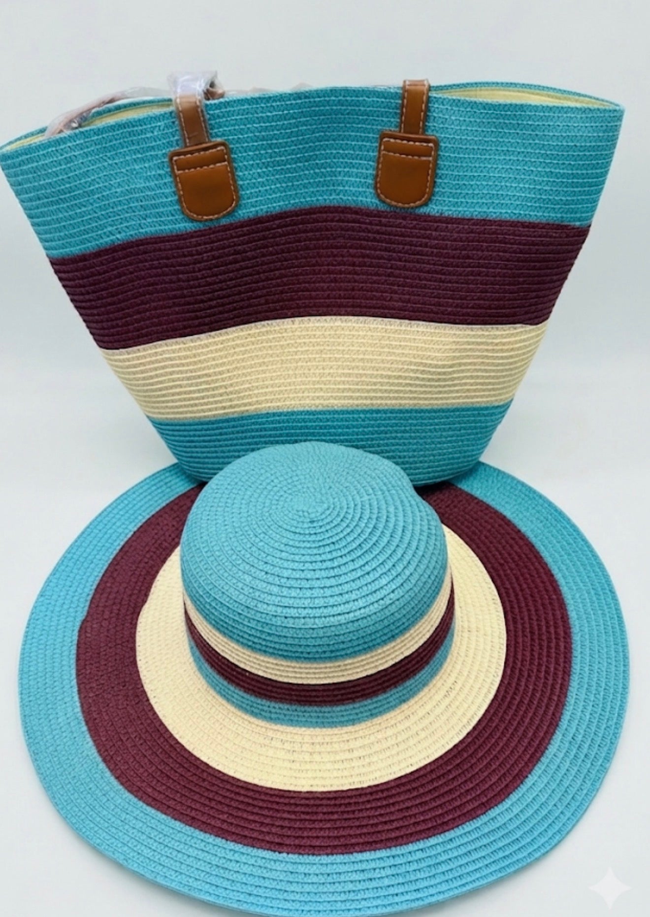 Chic Striped Beach Tote & Sun Hat Combo