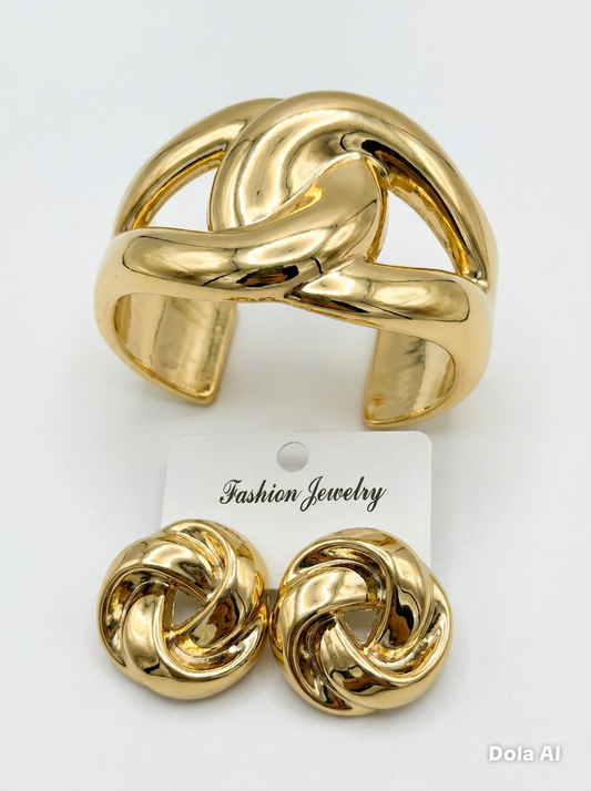 Golden Knot Elegance: Statement Cuff and Earring Set
