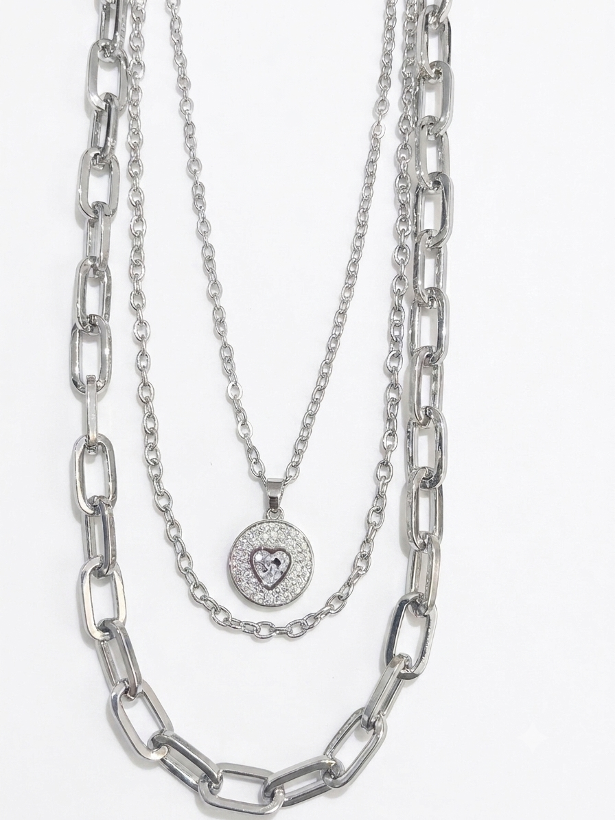 Silver Layered Heart Pendant Necklace Elegant Multi-Chain Statement Necklace