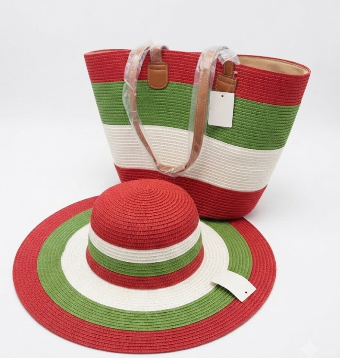 Chic Striped Beach Tote & Sun Hat Combo