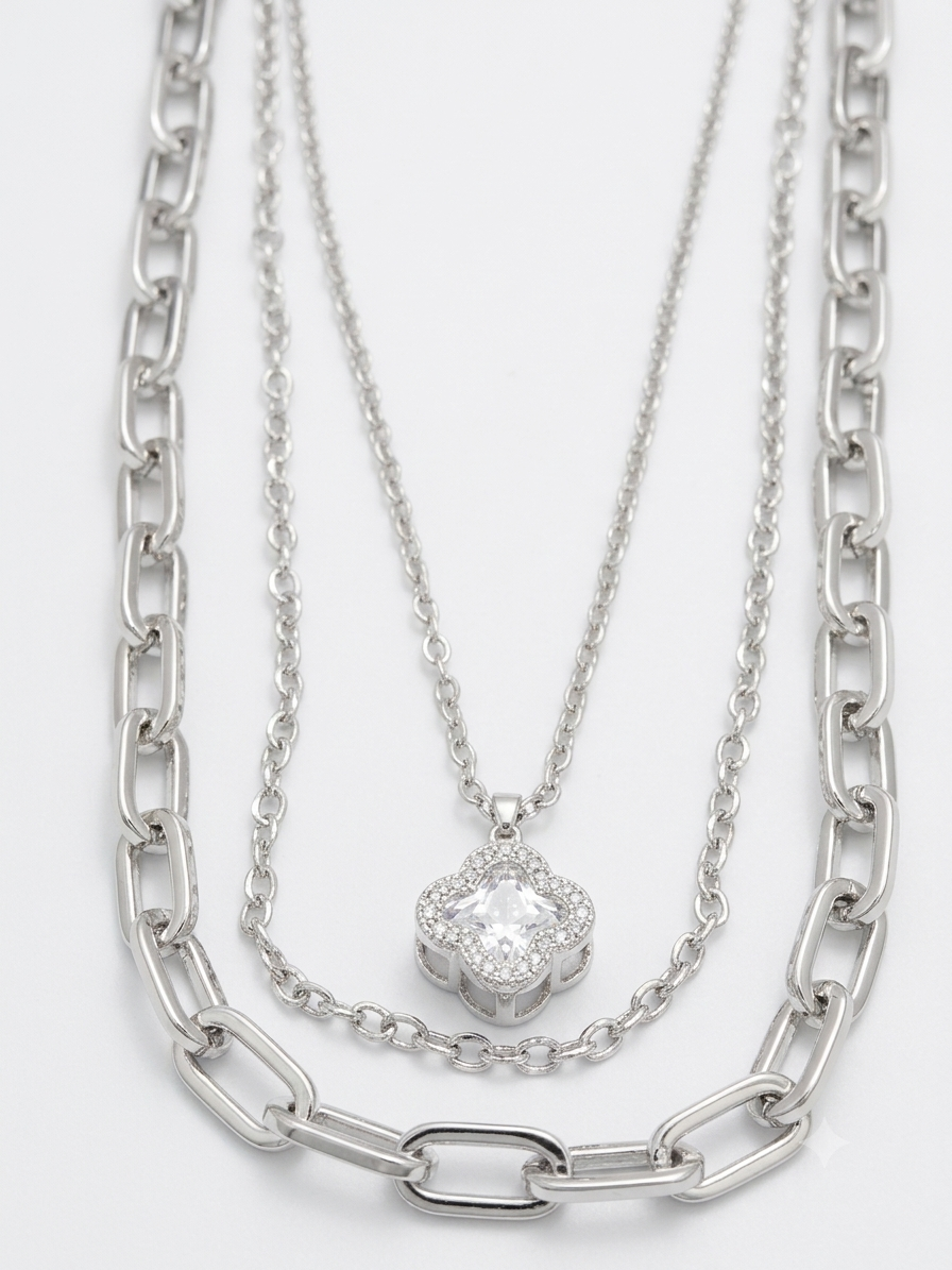 Layered Silver Tone Necklace – Elegant Crystals Filled Clover Pendant |Non-Tarnish