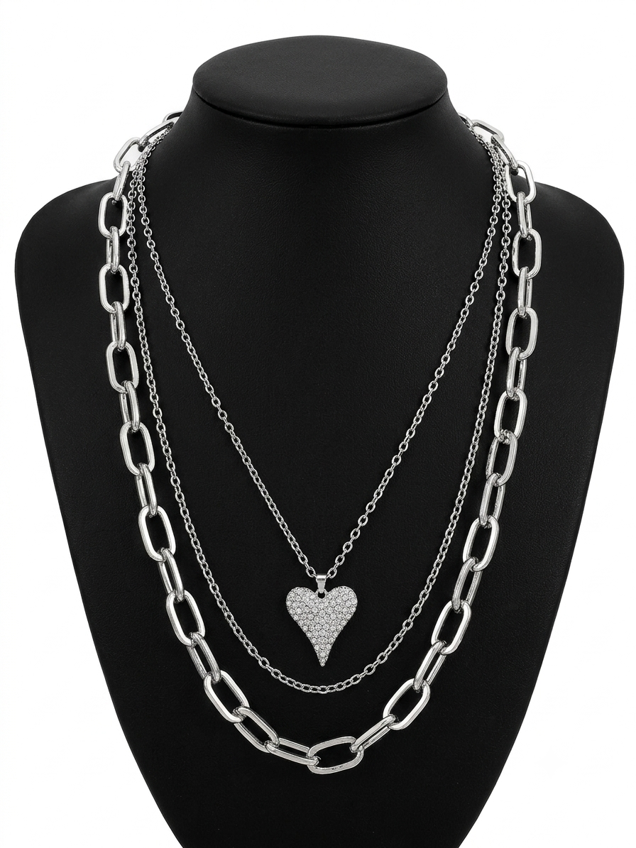 Silver Layered Heart Pendant Necklace – Elegant Multi-Chain Statement Necklace
