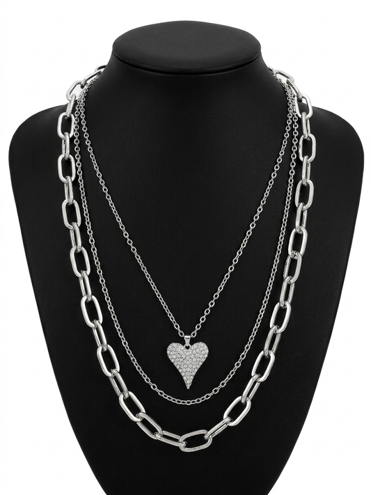 Silver Layered Heart Pendant Necklace – Elegant Multi-Chain Statement Necklace