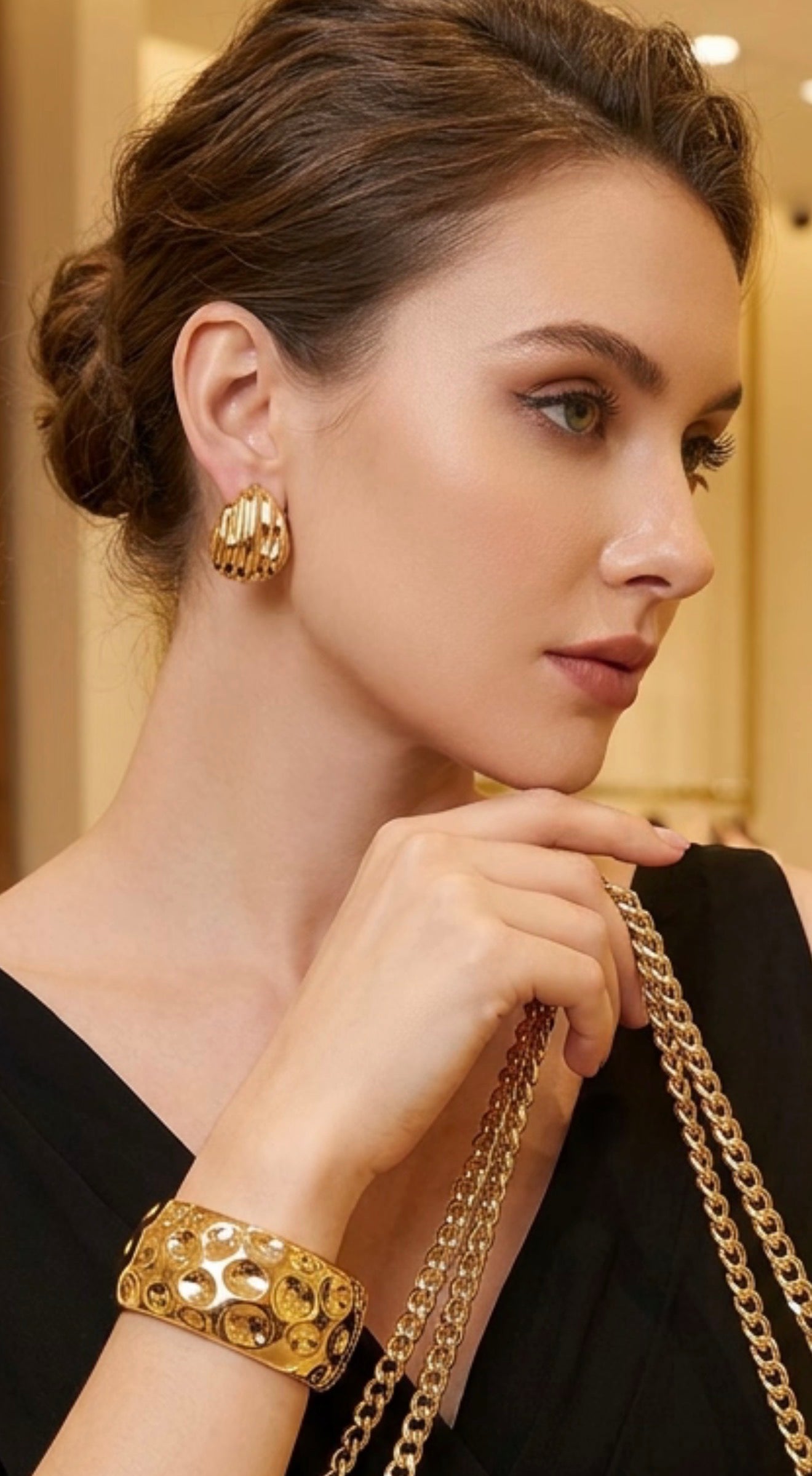 Statement Gold Cuff and Geometric Heart Stud Set