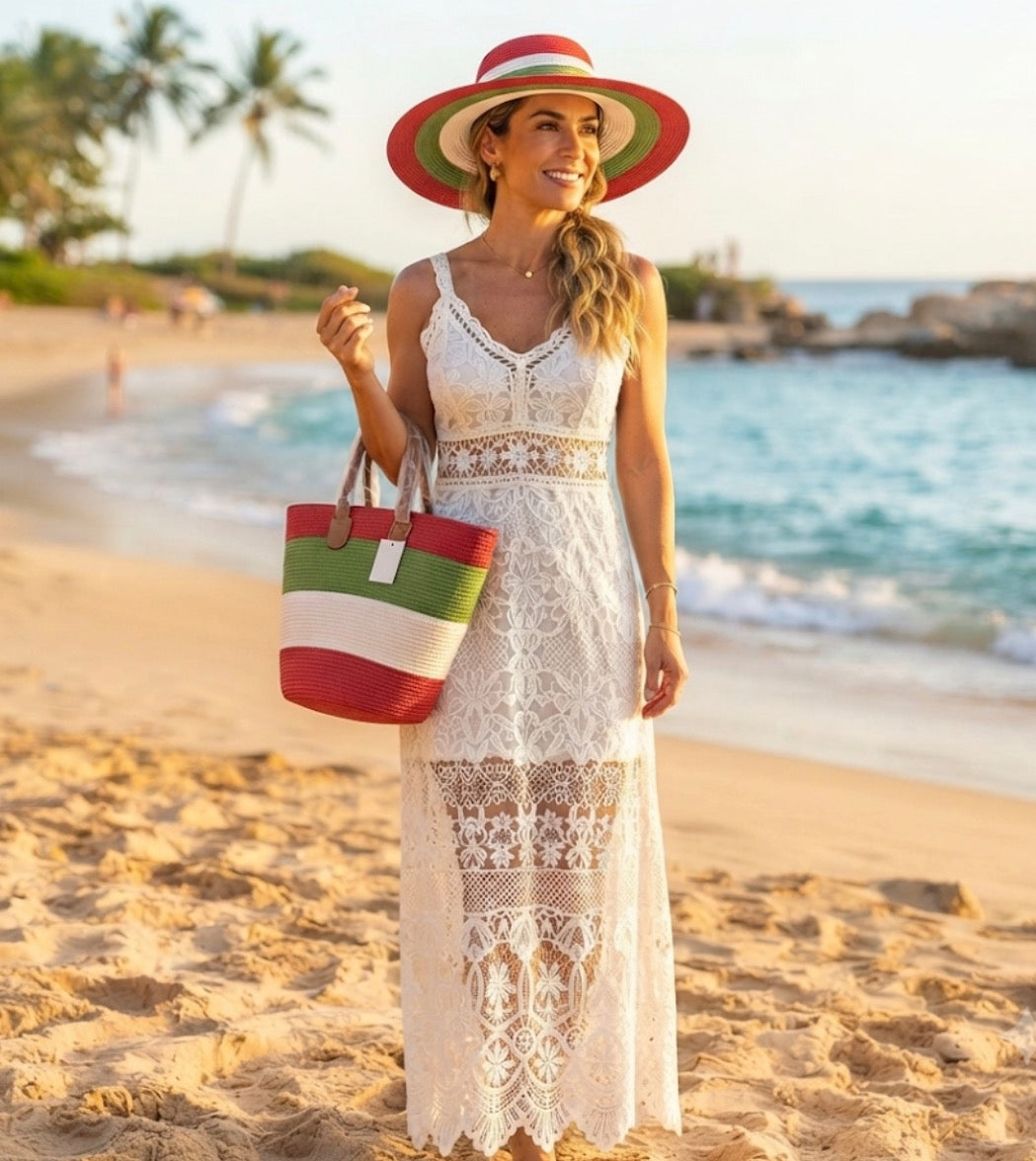 Chic Striped Beach Tote & Sun Hat Combo
