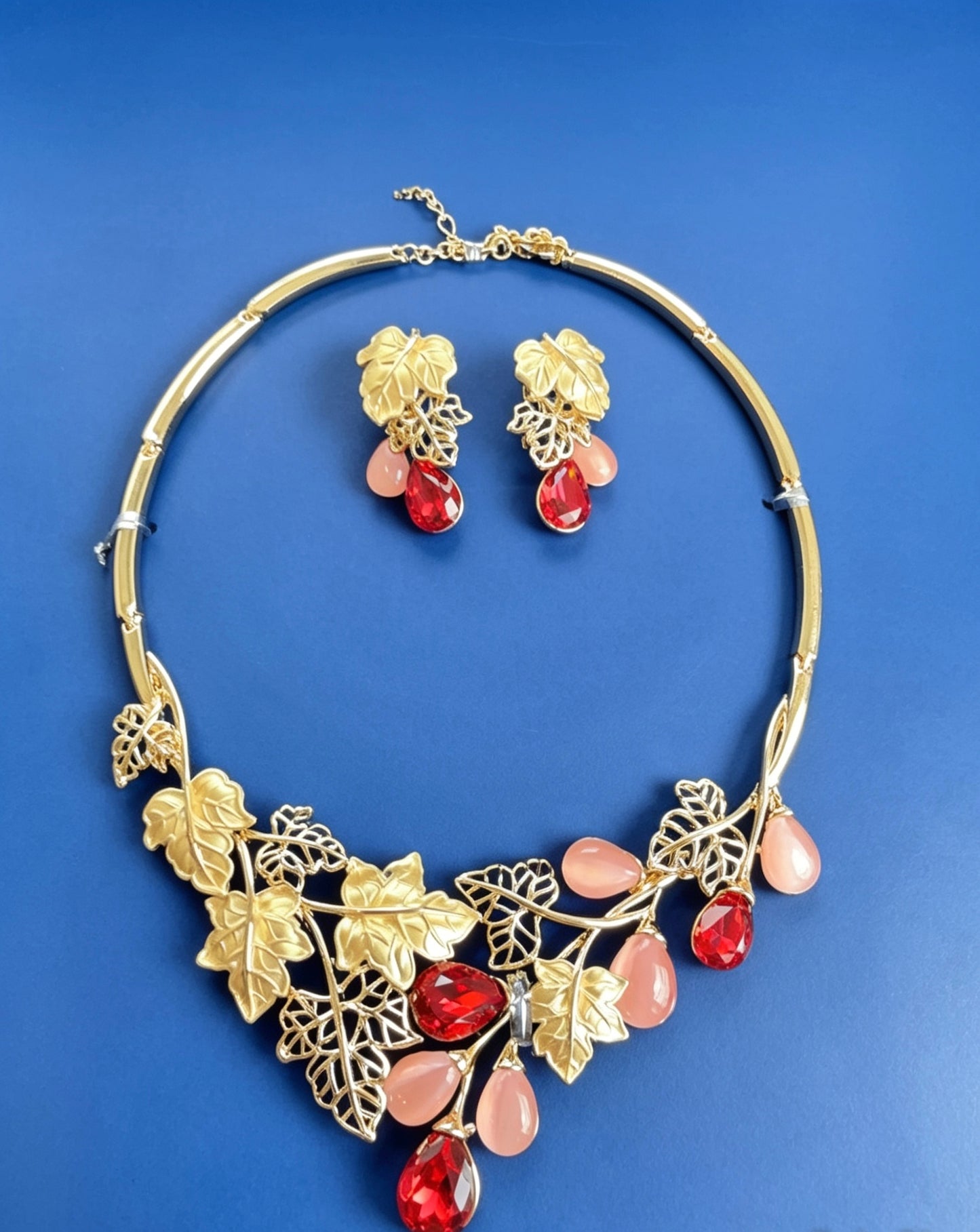 Elegant Gold Leaf & Gemstone Statement Jewelry Set
