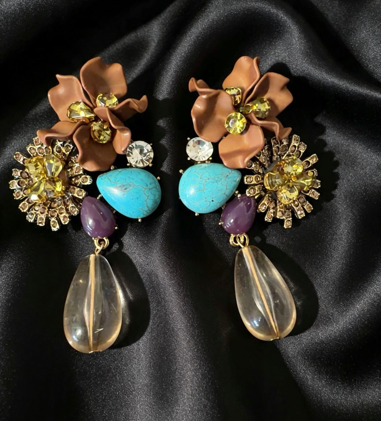 Bohemian Blossom & Crystal Teardrop Statement Earrings