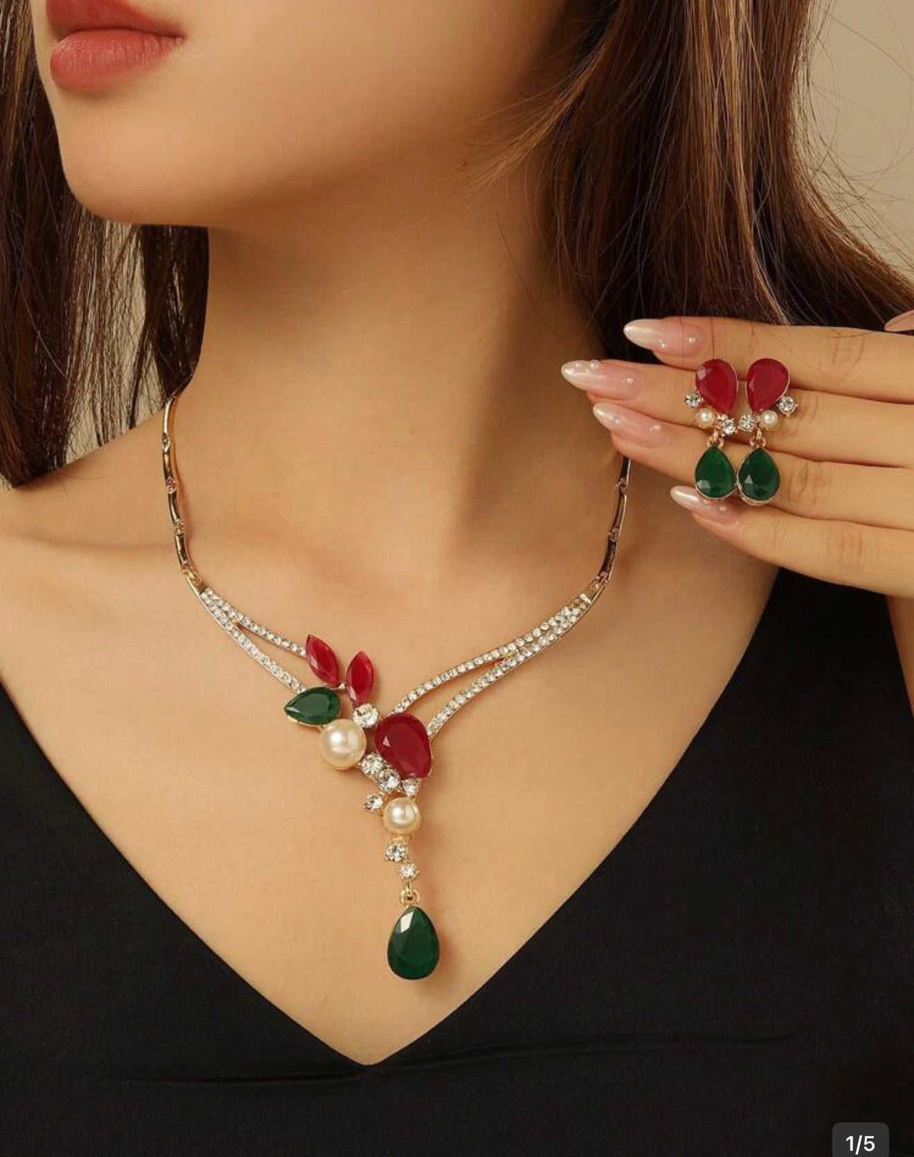 Gold Tone Red & Green Cubic Zirconia Pearl Statement Jewellery Set