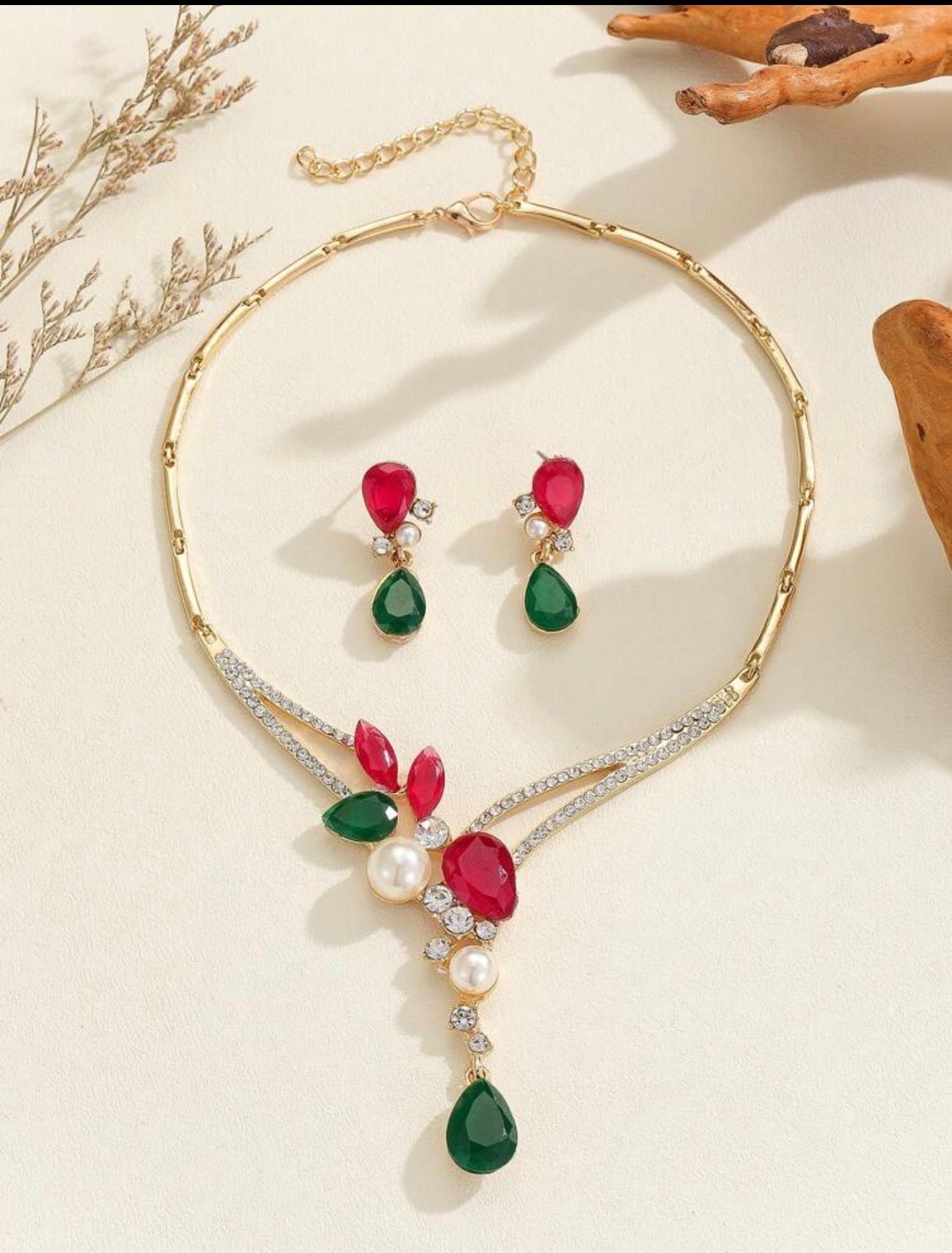 Gold Tone Red & Green Cubic Zirconia Pearl Statement Jewellery Set