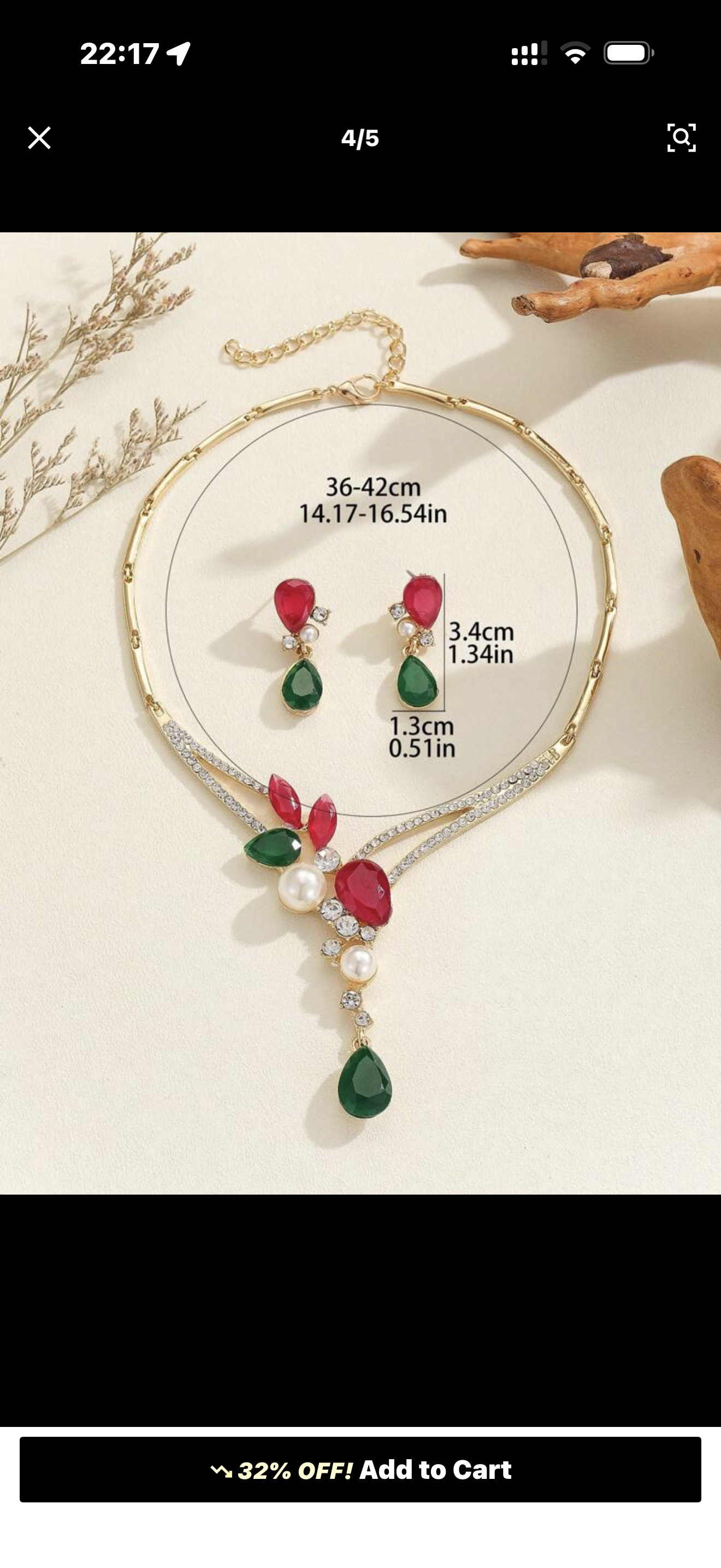 Gold Tone Red & Green Cubic Zirconia Pearl Statement Jewellery Set