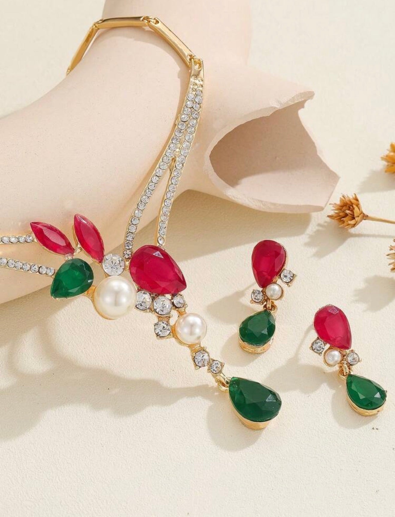 Gold Tone Red & Green Cubic Zirconia Pearl Statement Jewellery Set