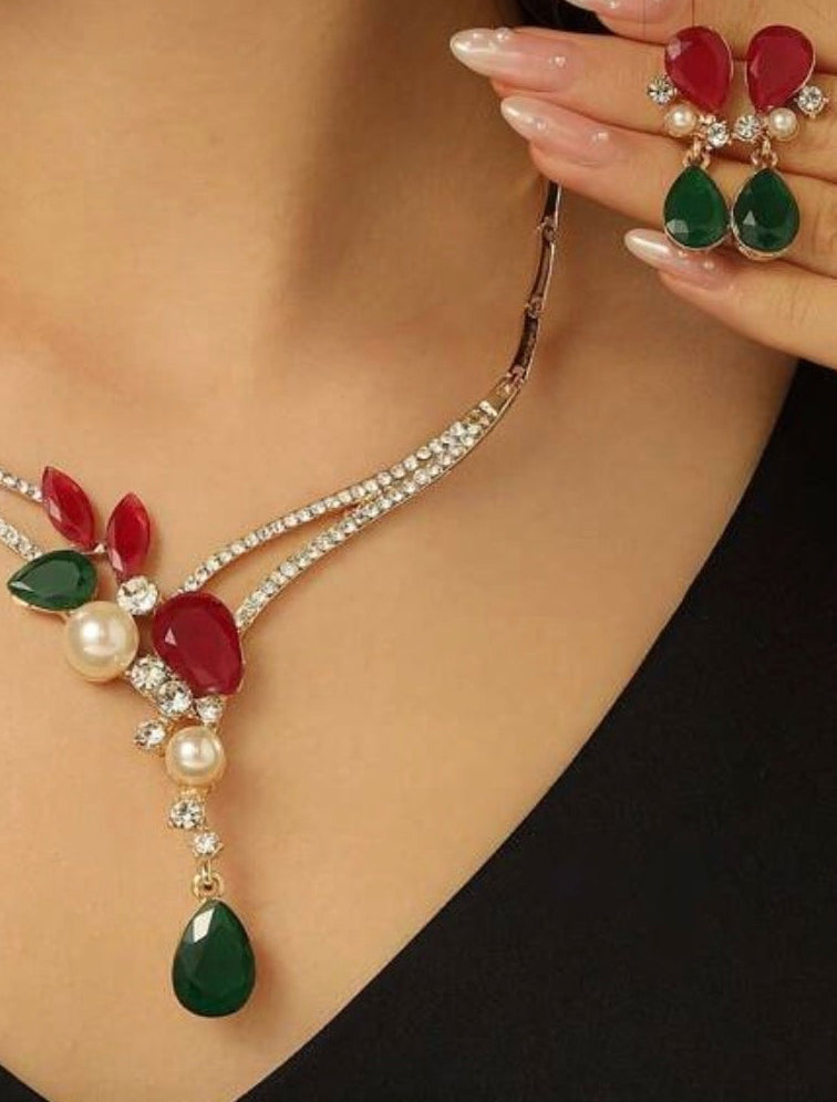 Gold Tone Red & Green Cubic Zirconia Pearl Statement Jewellery Set
