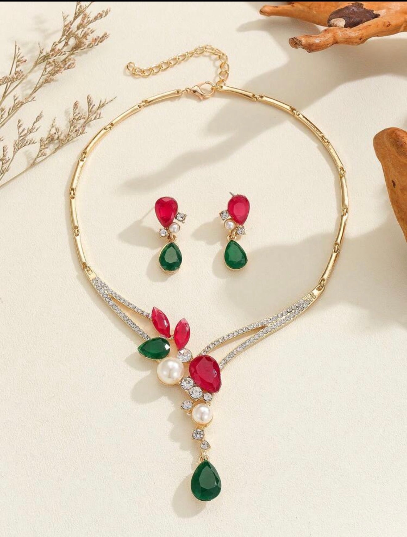 Gold Tone Red & Green Cubic Zirconia Pearl Statement Jewellery Set