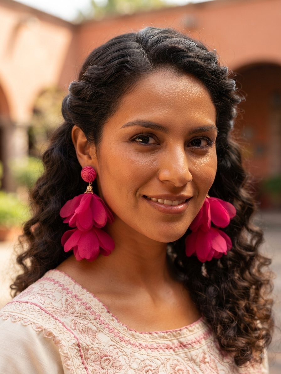 Vibrant Fabric Petal Drop Earrings, Layered Flower Statement Earrings, Boho Floral Jewelry